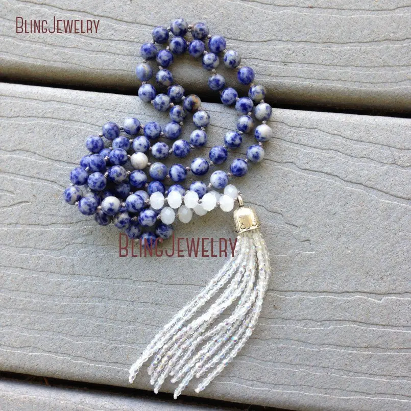 Lapis Lazuli Beads Hand Knotted Crystal Faceted White Rondells  Beaded Tassel Necklace NM20626