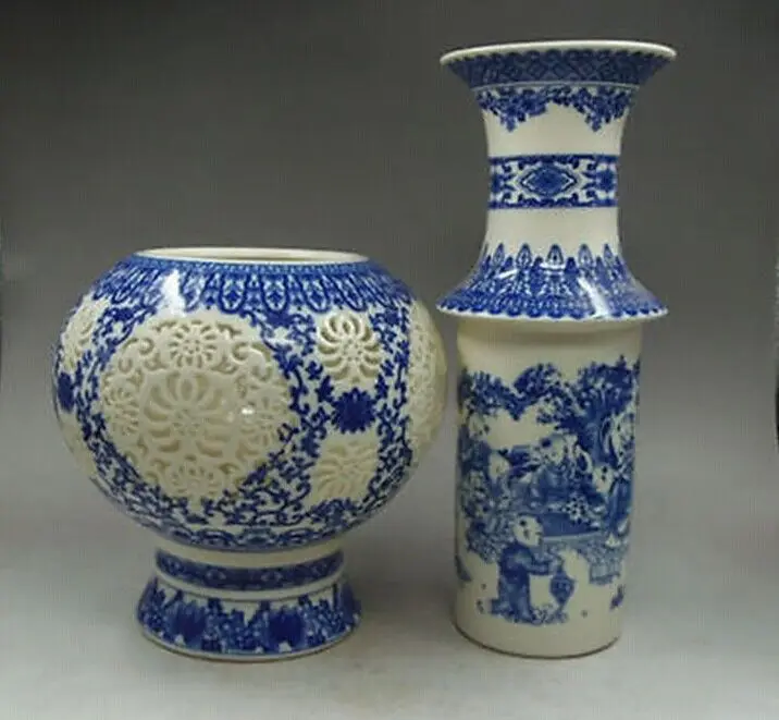 Exquisite Chinese hand-painted blue and white two double hollow-out children playing Vase