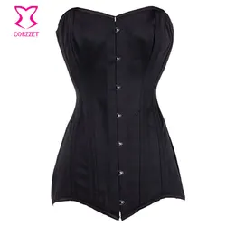 Black Satin Long Overbust Corset Steel Bone Gothic Corsets and Bustiers Steampunk Clothing Burlesque Korsett For Women Sexy