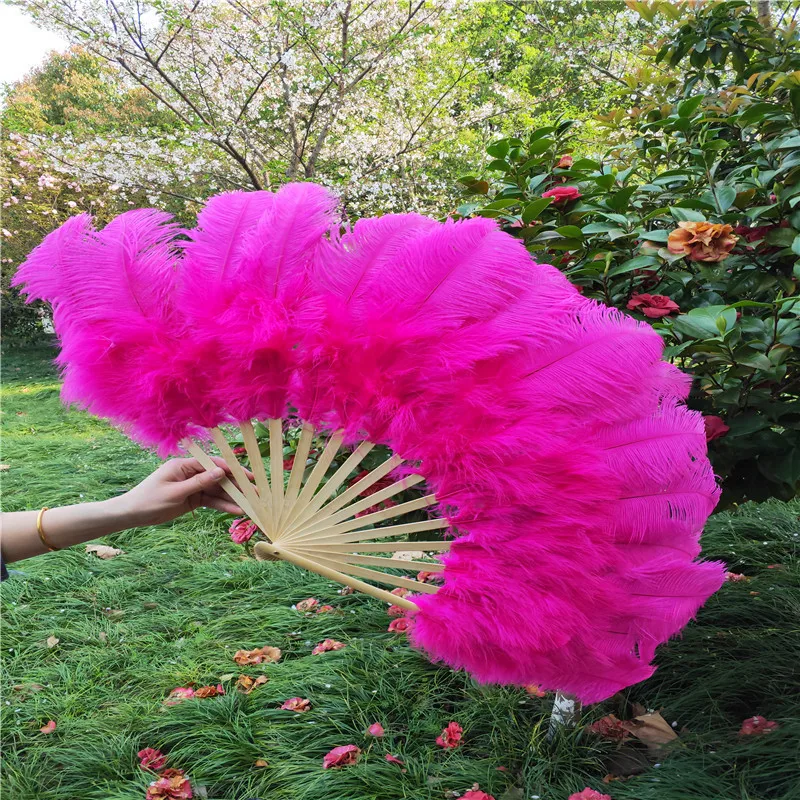 YY-tesco 15 bone Purple High Quality Ostrich Feather Fan Dance Stage Show Props Wedding Party Fluffy Feather Hand Fan Decoration