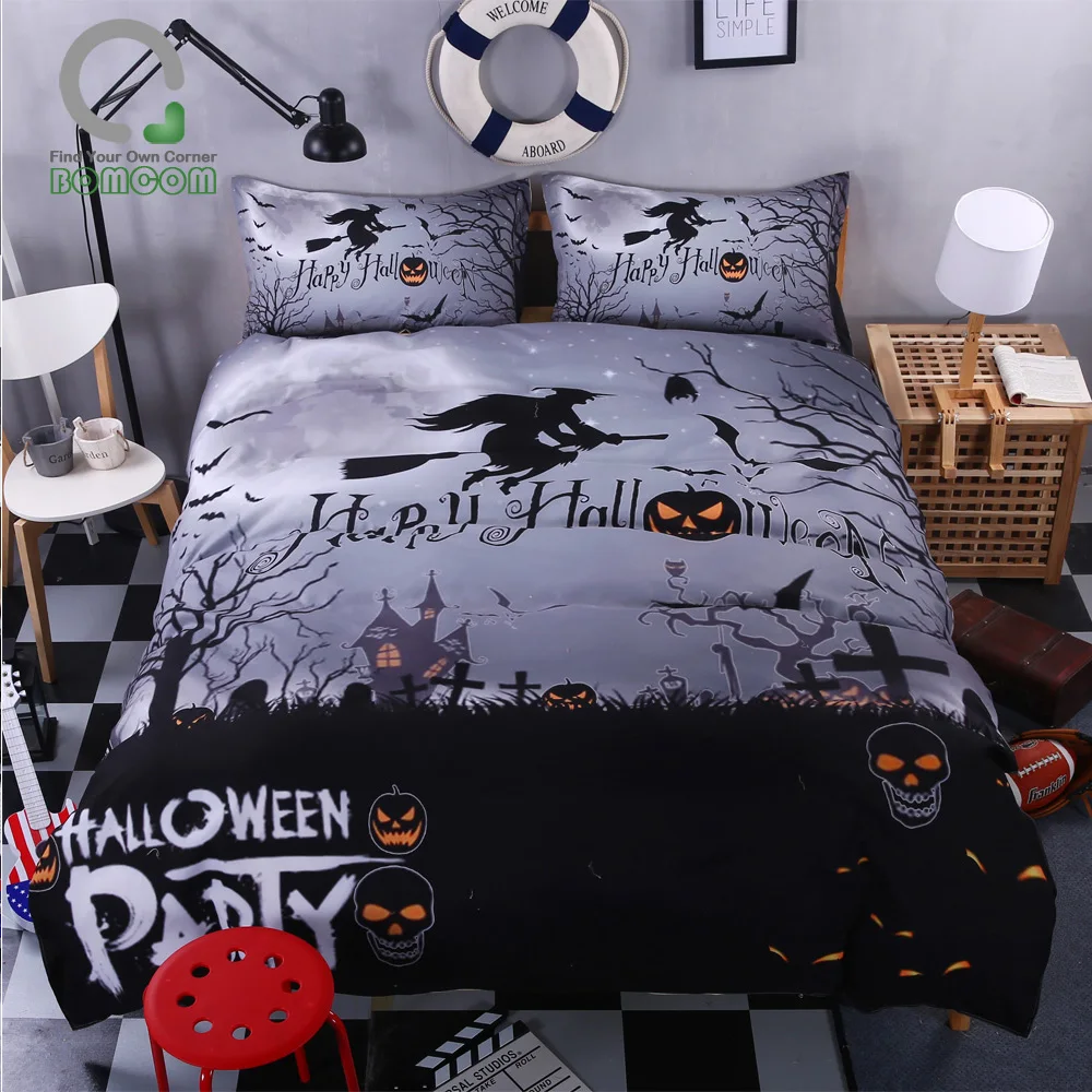 BOMCOM 3D Digital Printing Happy Halloween Pumpkin Witch Flying in Sky Halloween Party  Duvet Cover 100% Microfiber Dark Gray