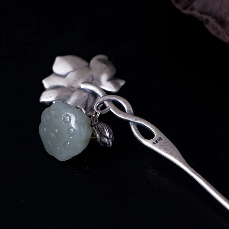 Amxiu Vintage 925 Sterling Silver Hairpin Natural Stone Lotus Flower Hair Sticks Jewelry For Women Mother's Day Gift Accessories