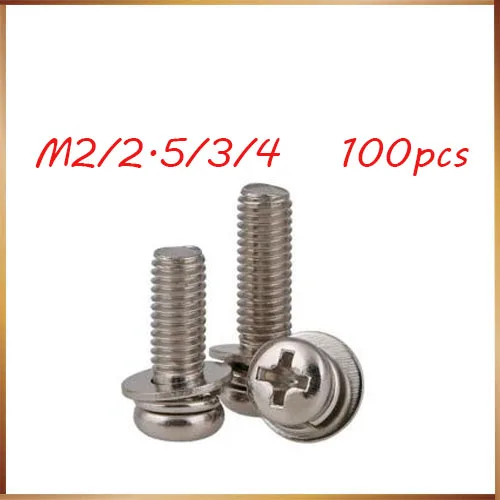 

100pcM4*8/10/12/16 Phillips Pan Head Three Combination Screw Three sem screws with washer attached steel with nickel triad screw