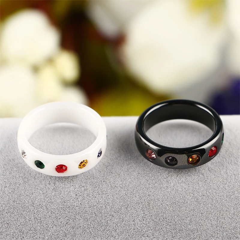 7 Chakra Colorful Rings For Women Bling Colorful Crystal Black White Ceramic Rings Conspicuous Personality Jewelry Party Gift