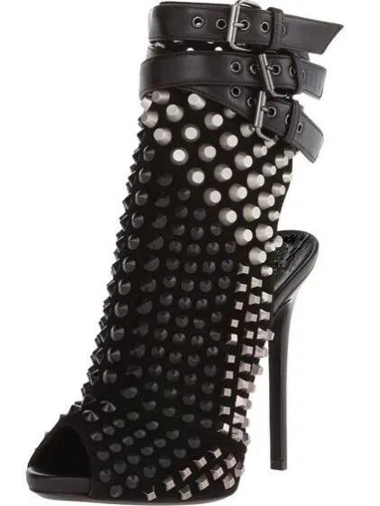 

Studded sexy high heel sandals super high thin heels peep toe rivet decoration slingbacks buckle women party dress sandal black