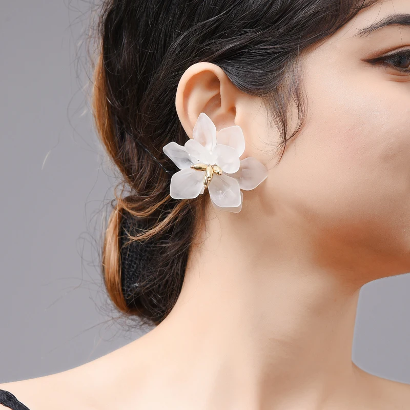 Wuli & baby Hyperbole Flower Earrings Women Acrylic Big White Orange Green Flower Holiday Earrings