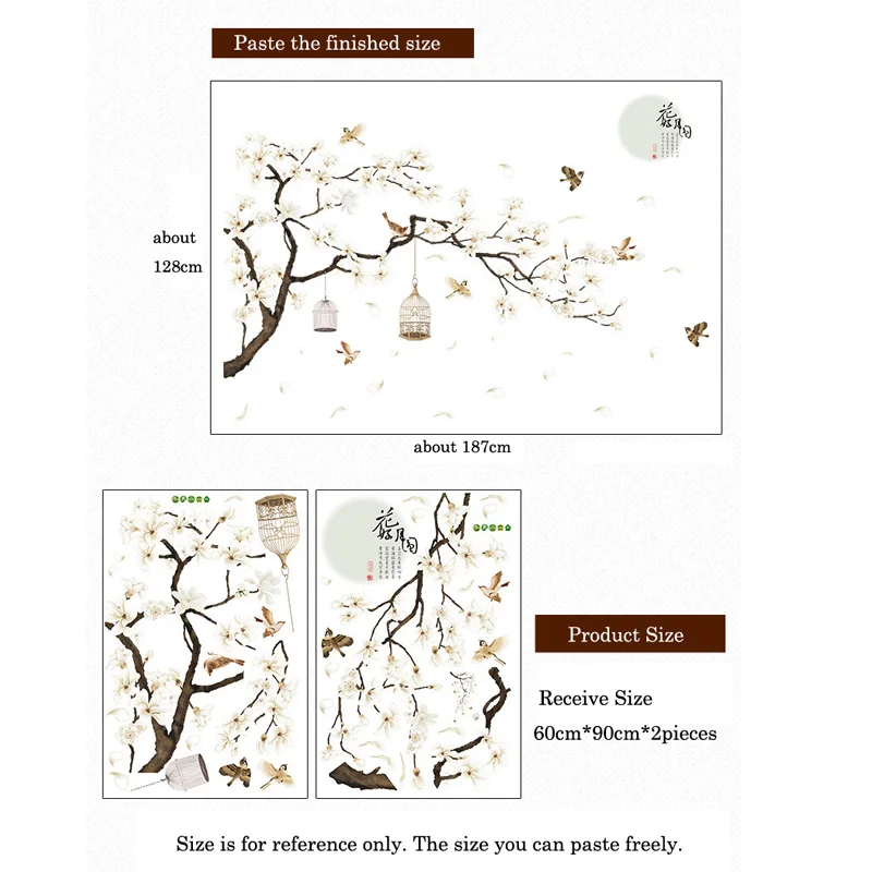 Chinese Ancient Style Flower Moon Wall Stickers For Living Room Sofa/TV Background Decoration Decals