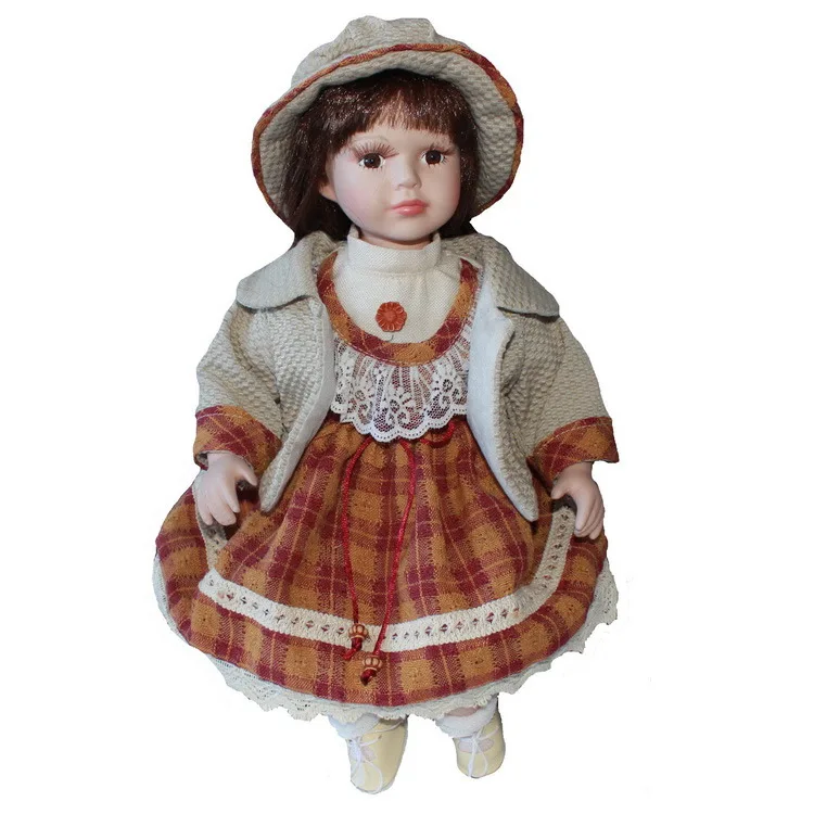 40cm brown plaid porcelain  girl doll European rural Field Village ceramic doll style home decoration Christmas gifts