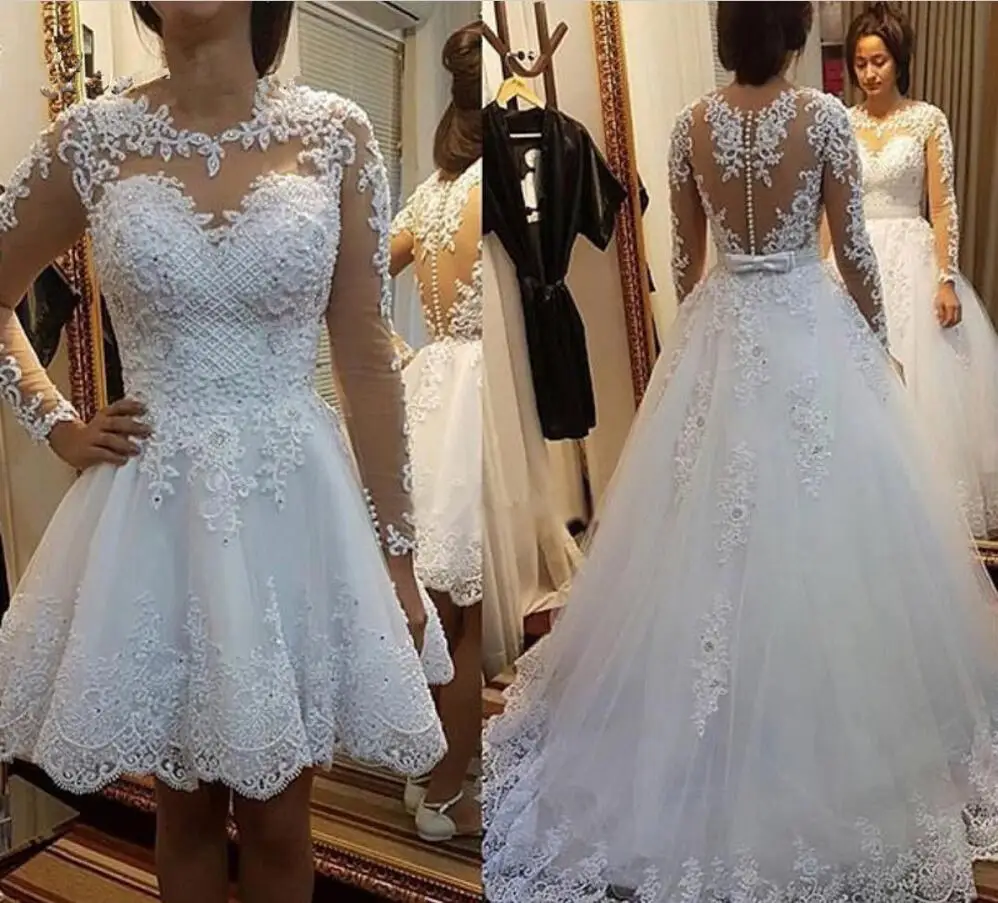 Detachable train Lace Appliques Pearls Bridal Gowns 2 en 1 Vestido De Noiva Illusion Ball Gown Wedding Dresses 2019 Custom Size