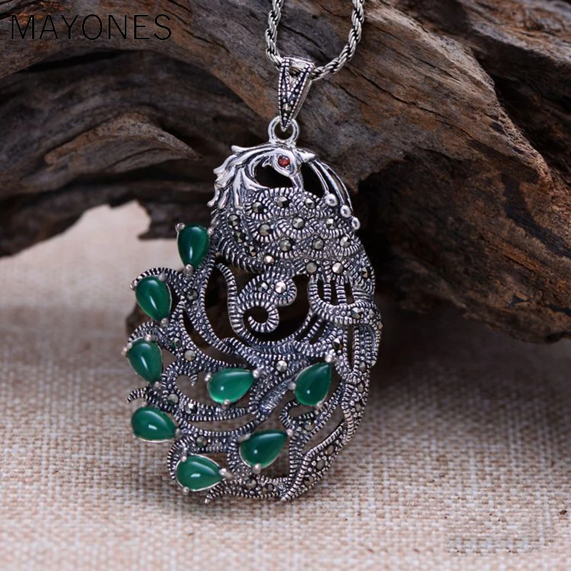 

MAYONES Real Pure 925 Sterling Silver Peacock Pendants For Women Inlaid Green Chalcedony Marcasite