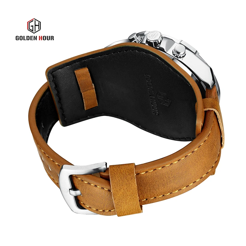 GOLDENHOUR Top Brand Mens Watches Fashion Casual Quartz Wristwatch Male Waterproof Military Leather Business Relogio Masculino