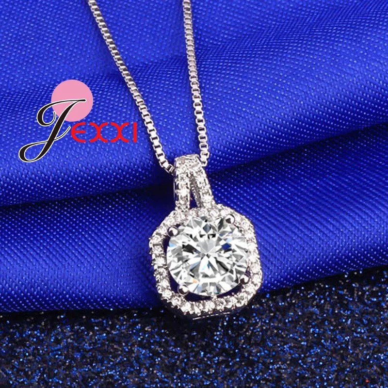 Classic Style 925 Sterling Silver Necklace And Pendants Jewelry For Women Box Chain Luxurious Big CZ Crystal Stone Accessories