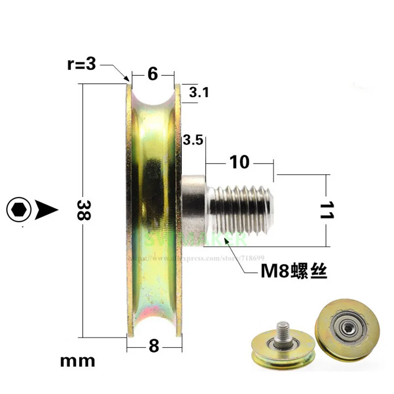 

10pcs 8*38*8mm M6*38*8mm M8 M6 groove wheel 608ZZ bearing steel, U groove roller, 6mm wire rope/overhead crane/guide wheel