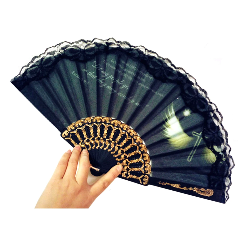 Free Shipping 10pcs/lot Plastic Black Religion Story Printing Spanish Hand Fan Lace Trim Hand Fan Portable Costume Party Favor