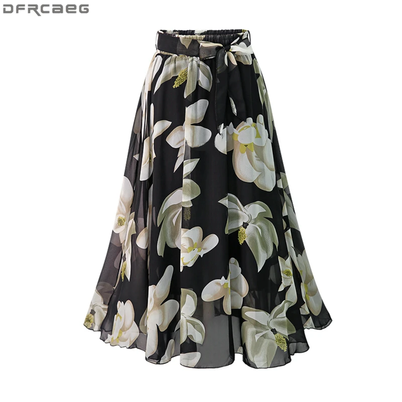 New Plus Size Women Chiffon Skirt Europe Fashion Bow Saia Midi Lining Jupe Femme Lace Up Falda Mujer Summer Print Floral Skirts