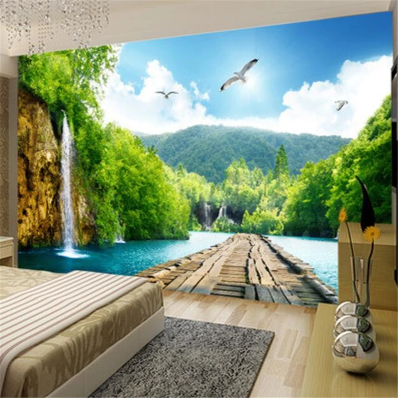 

beibehang Custom wallpaper 3D stereo murals landscape waterfall wooden bridge 3D background wall paper mural background painting