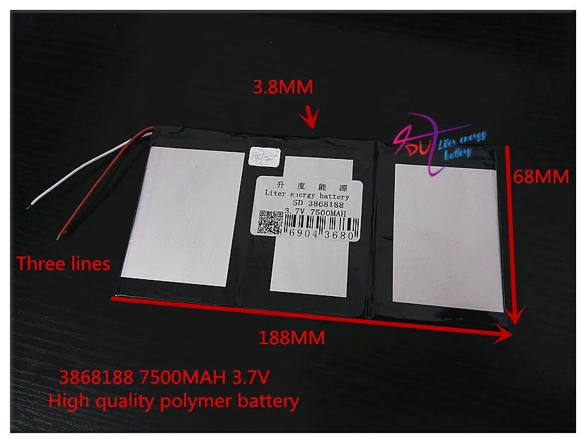 3.7V 7500mAH 3868188 Polymer lithium ion / Li-ion battery for tablet pc;POWER BANK,MP4