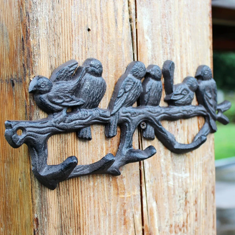 European Farm House Accents Handmade Antique Black Six Birds On Branch Cast Iron Wall Mounted Hook With Four Hangers Garden Item