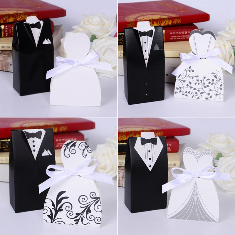 100Pcs Bridal Gift Cases Groom Tuxedo Dress Gown Ribbon Wedding Favors Candy Box Sugar Case Wedding Decoration mariage casamento
