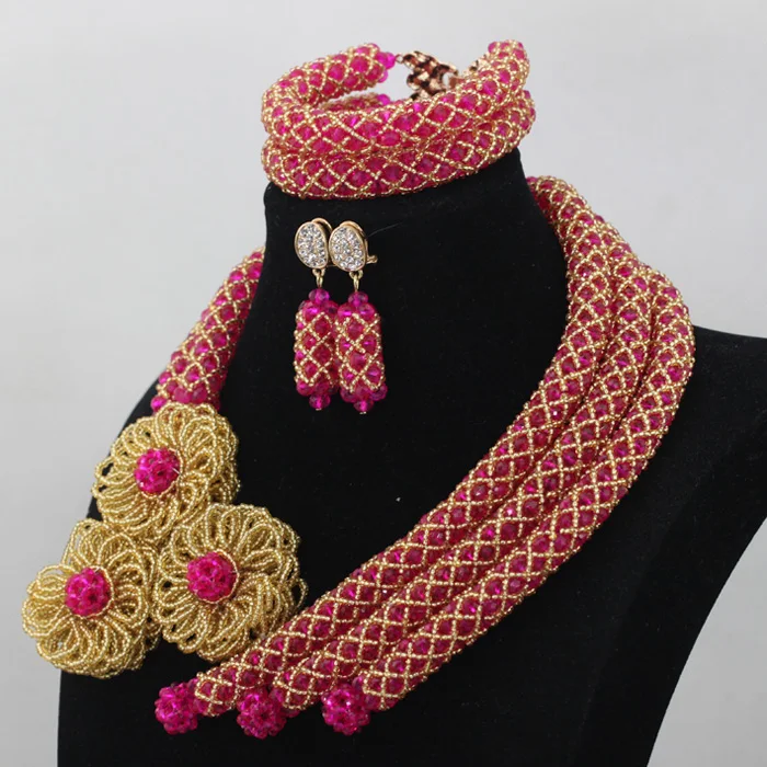 Dubai African Wedding Jewelry Set Splendid Fuchsia Pink Gold Crystal Beaded Women Engagement Necklace Set Beads for Party ABL967