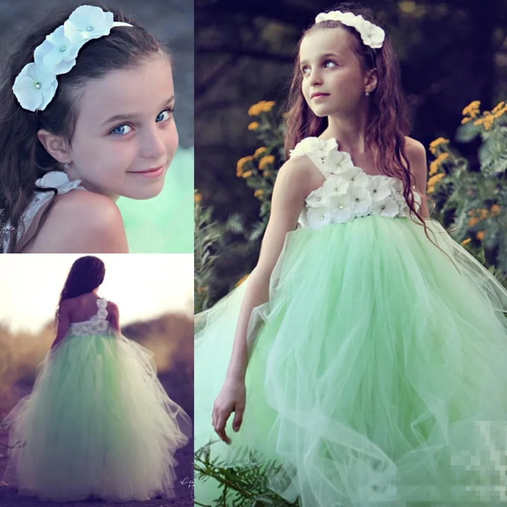 

Chic Girl Pageant Dresses One Shoulder Flowers Tutu dress Floor Length Ruched Tulle Holy Communion Dress