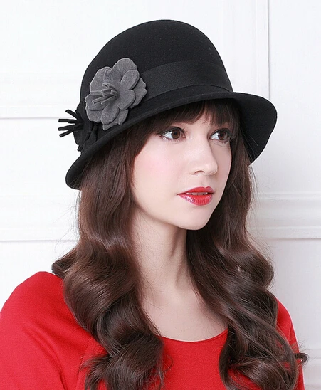 

Lady fashion wool hat female girl British women hat with flowers wholesale B-0863