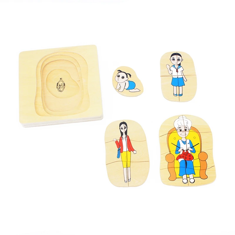Kids Montessori Wooden Toys 3D Puzzle Life Cycle of Animals Plant Chock Frog Butterfly Sunflower Man Woman Baby Toy for Infant