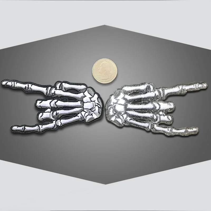 2Pcs Rock and Roll I Love You Finger Gesture Skeleton Hand Patch Punk Style  Applique Sticker Iron on Fabric Patchwork