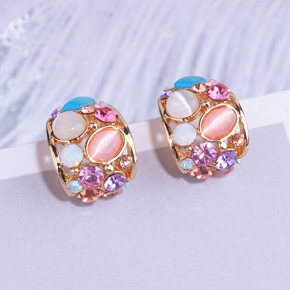 Classic Korean Geometric Hollow Out Opal Stud Earrings Brincos Colorful Crystal Stud Earrings For Women Fashion Wedding Jewelry