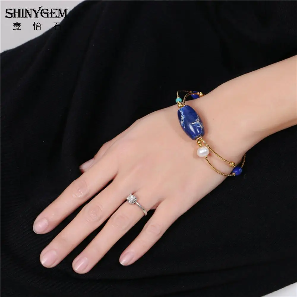 ShinyGem 2020 Golden Wire Wrap Bracelets Fashion Irregular Grain Natural Real Pearl Jaspers Stone Chakra Big Charm  For Women