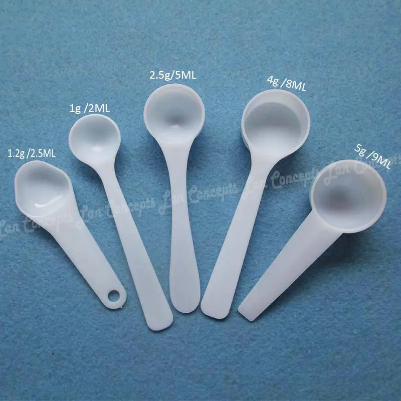 50pcs/lot Food Grade PP Spoon Plastic Measuring Scoop 1g 2ml 1.2g 2.5ml 2g 4ml 2.5g 5ML 4g 8ml 5g 9ml for option - free shipping