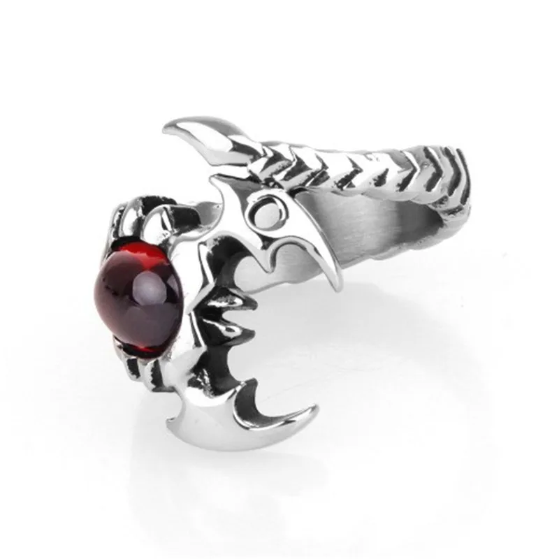 Men Man-made Red stone Scorpion Wrap Silver color 316L Stainless Steel Ring