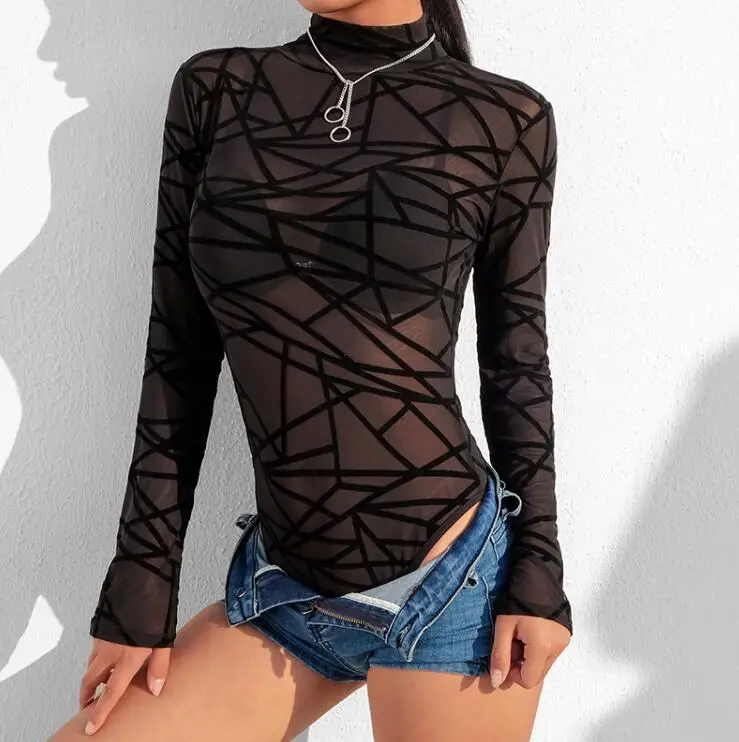 Women's Sexy Black Color Geometric Print Mesh Bodysuit Female Club Party Performance Casual Tops Tees R733