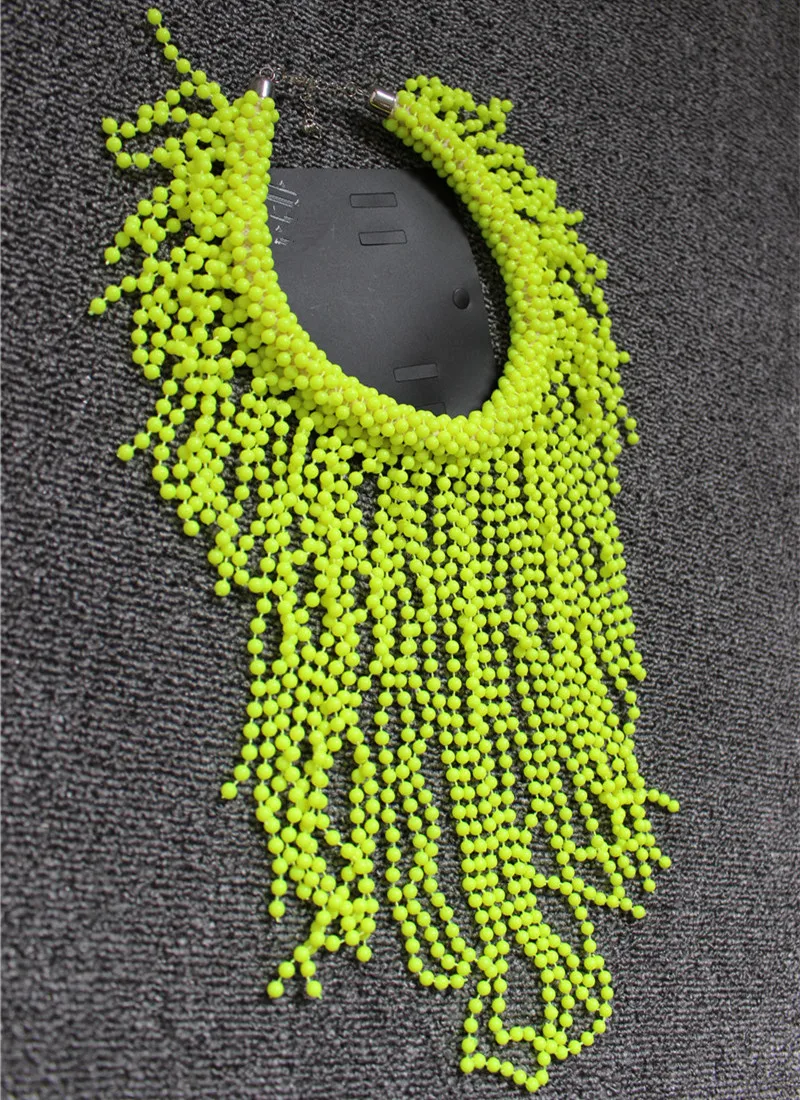 Handmade CHIC Ins European Fashion Neon Yellow Statement Women Long Chokers Punk Chunky Tassels Chains Beading Necklace Shawl