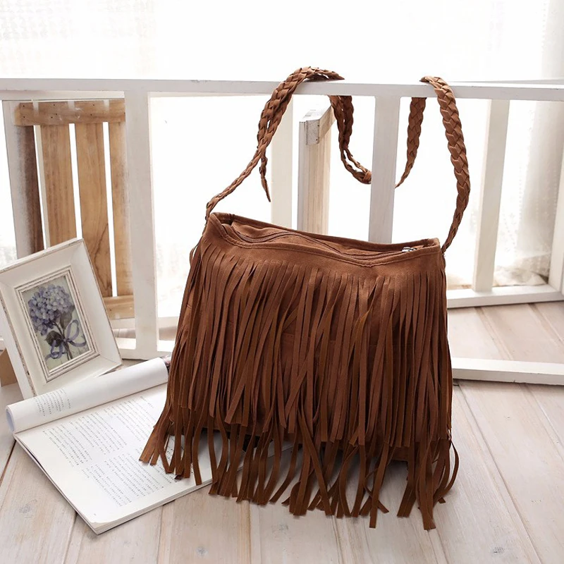 Vintage Frosted PU Leather Fringe Tassel Bags Women Handbag Messenger Crossbody Shoulder Bag Woman Lady Bohemian Hippie Hobo Bag