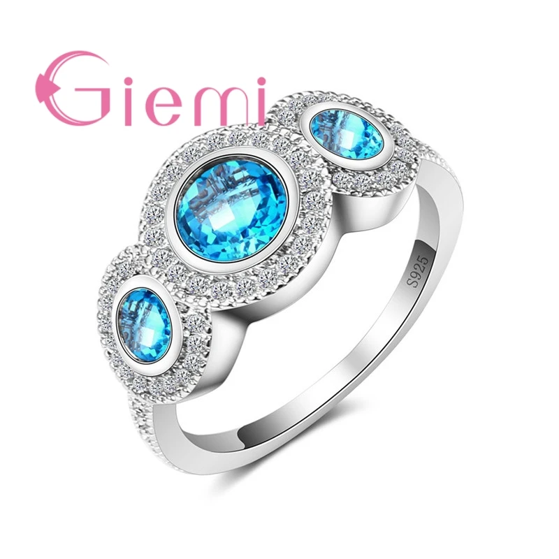 High Quality Round Blue Crystal Stone Ring for Women's Anniversary Wedding Ceremony Accessoriesand CZ