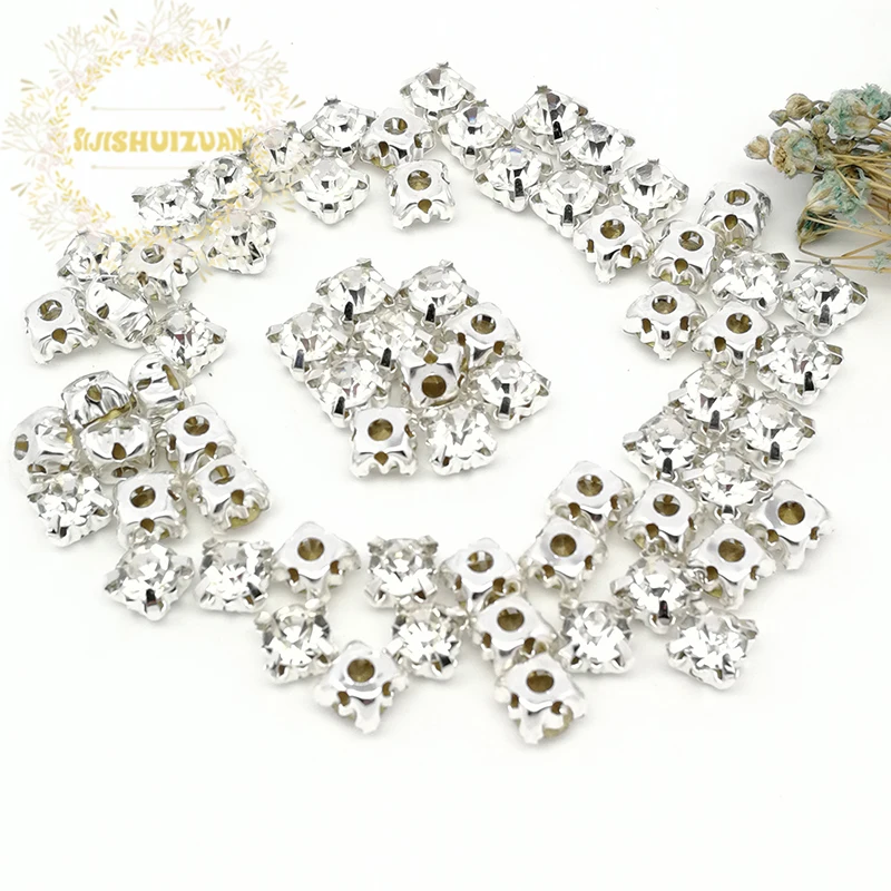 

3mm 4mm 5mm 7mm 8mm Glitter White Silver Claws Sew on Round Rhinestones For Needlework DIY Glass Crystals Stones Clothes Wedding