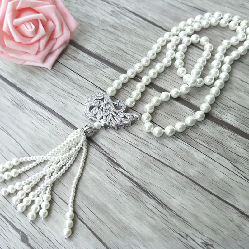 5pcs Swan charm Pendant CZ zircon crystal Micro pave Connector, Shell Pearl Beads Long Chain tassels Women Necklace NK218