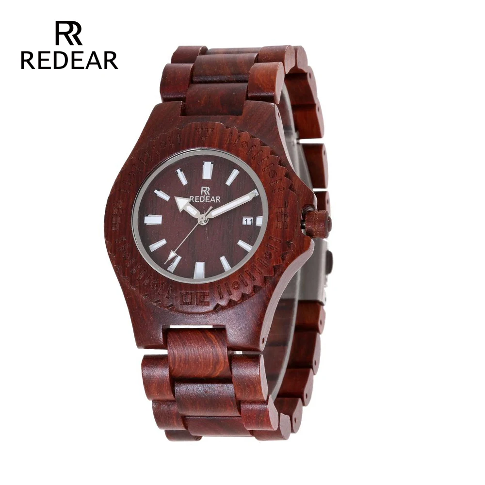 REDEAR Hot Sale Full Red Rosewood Men Watches Luxury Quartz Wristwatches Fashion Watches Men Best Gifts