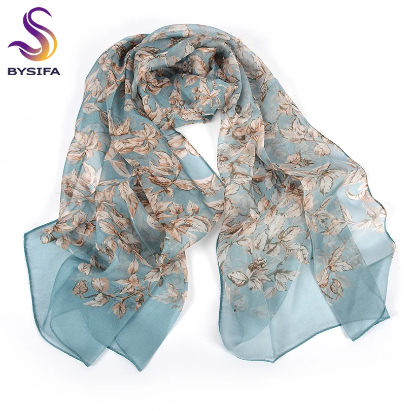 [BYSIFA] 100% Silk Chiffon Scarf Female Brand Leaves Design Grey Khaki Long Scarves Beach Shawls Fall Winter Women Neck Scarves