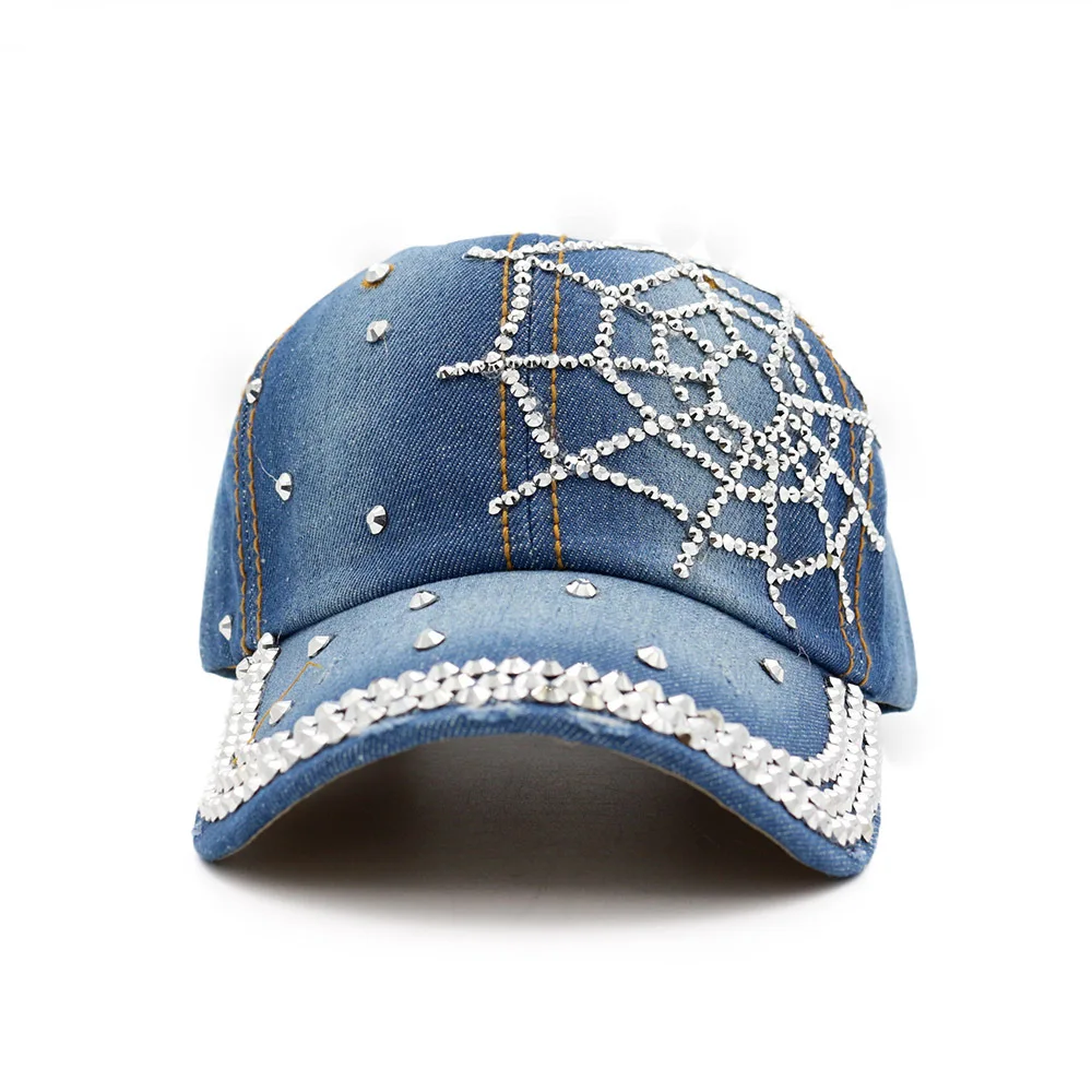 Hot Wholesale 2018 Spring Summer Autumn Popular Women Girl Woman Denim Snapback Cap Rhinestone Cross Fitted Baseball Caps Hats