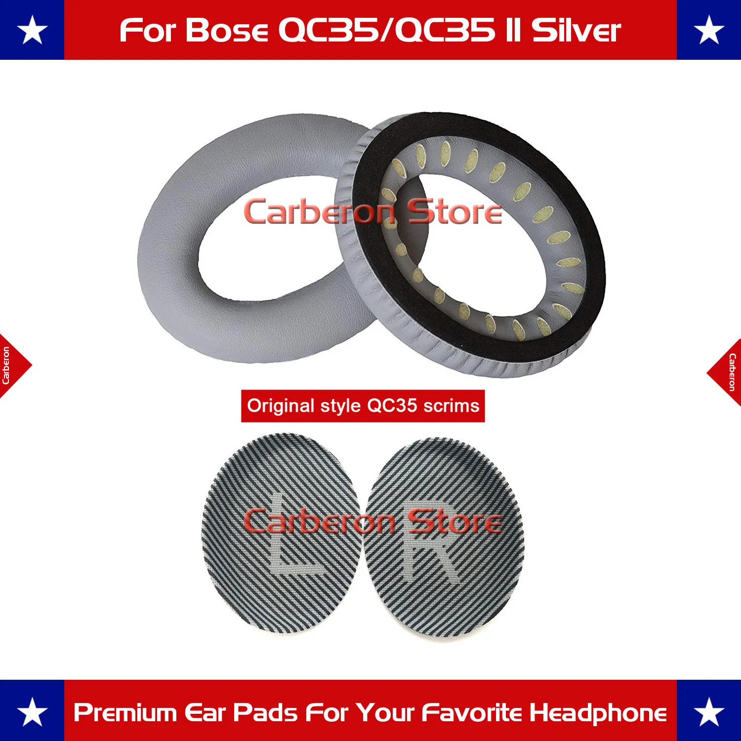 Replacement Ear Pads Ear Cushions for Bose QC35/QC35 II Headphone with QC35 Scrims with \'L and R\'(Silver Grey)
