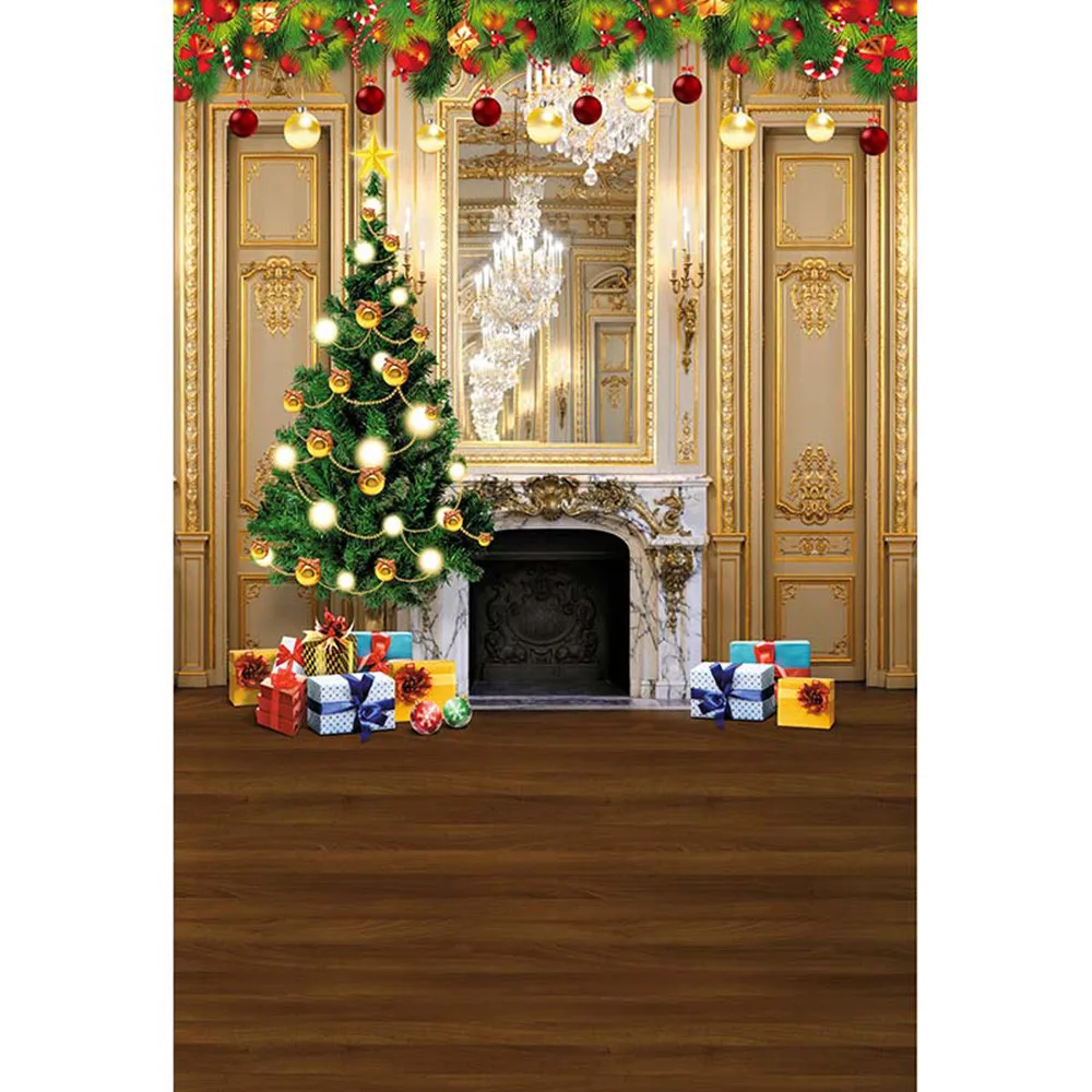 Merry Xmas Photo Backdrop Luxury Embed Wall Crystal Chandelier Printed Christmas Tree Gold Red Balls Kids Photography Background