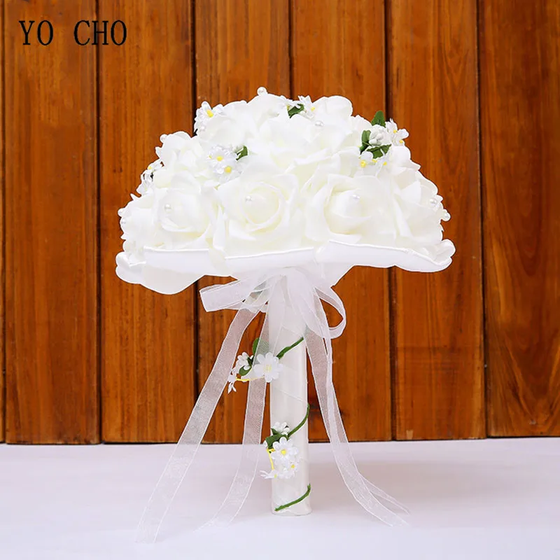 

YO CHO Wedding Bridal Bouquet Foam Roses White Silk Wedding Bridesmaids Bouquets Artificial Flowers Marriage Supplies Bouquets