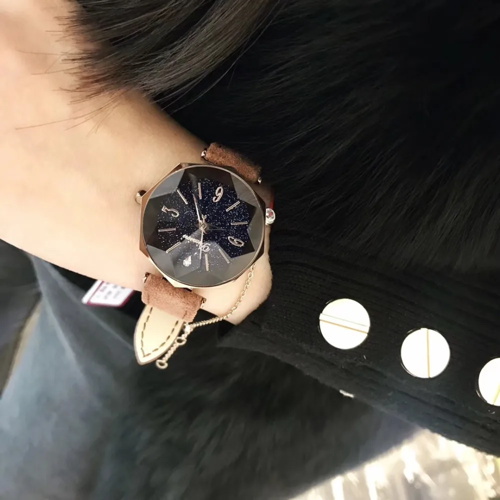 Personalized 8 Sides Geometric Watches for Women Vintage Fur Leather Strap Wrist watch Quartz Girl Students Analog Watch Faceted