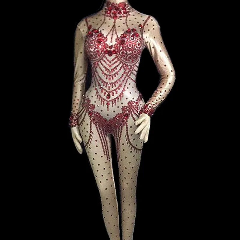 

Red Black Rhinestones Stretch Leotard Jumpsuit Women Singer Dancer Nightclub Bar Dance Costume Stage Performance Party Birthday
