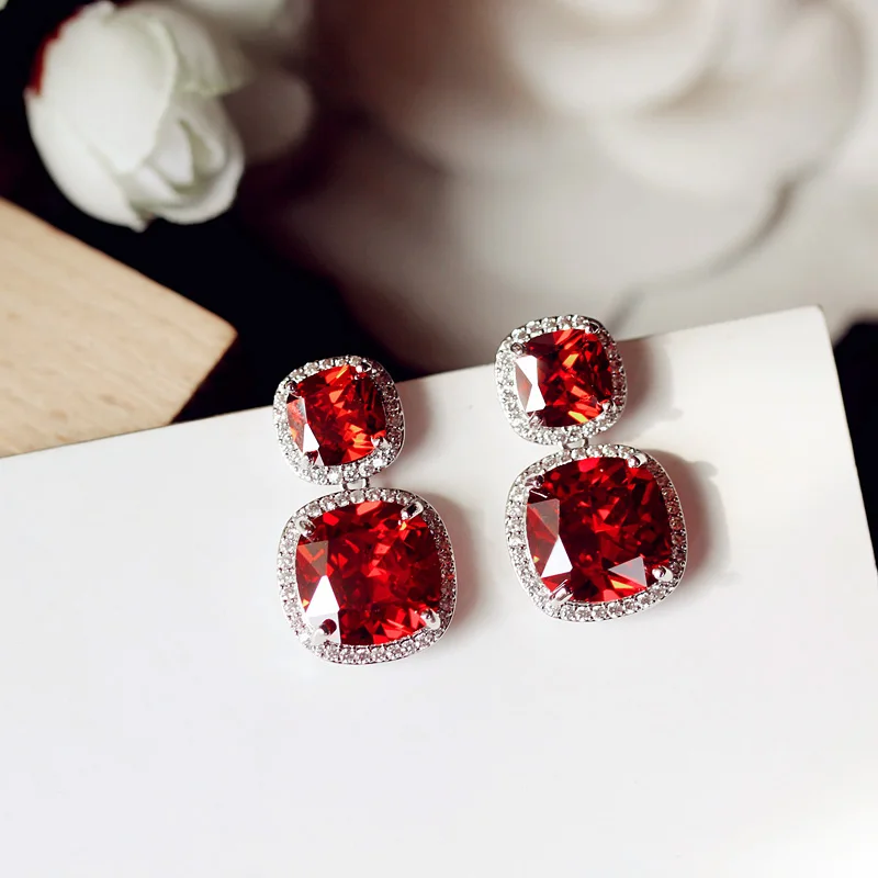 Luxury claret wine Red stone Long Drop Earrings Geometric Shape Big Square Cubic Zirconia women Party Wedding Jewelry Gift