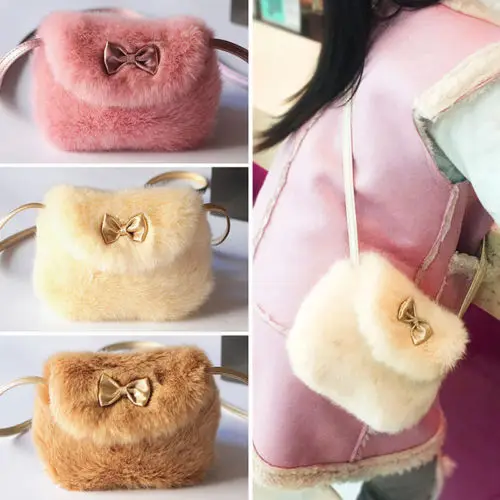 Cute Kids Children Girls Messenger Bag Mini Bowknot Crossbody Bags Soft Fur Plush Handbags Solid Color Soft Sweet Bag Purse