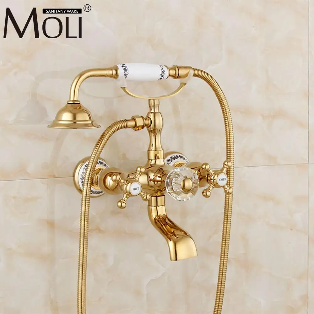 

Wall Mounted Gold Bath Shower Faucet Bathtub Faucet With Hand Shower Crystal Handle Dual Handle Hot and Cold Water Mixer 8306G