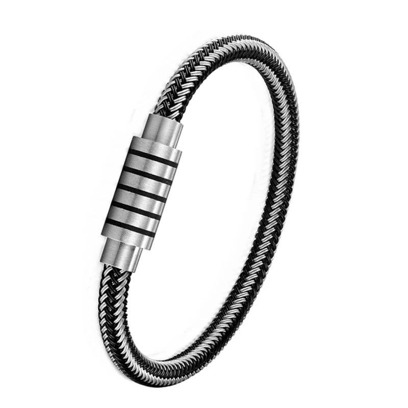 Fashion Punk Black/white Braided Steel wire Bracelet Stainless Steel Magnetic Buckle Simple Style Men Bracelet Women\'s Jewelry